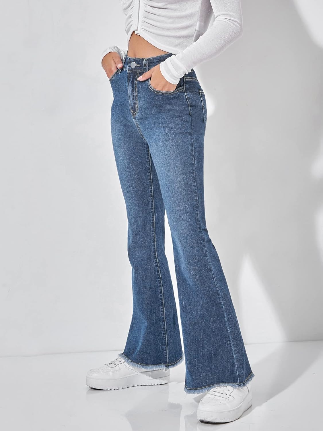 WDIRARA Women's Petite High Waisted Raw Hem Flared Jeans Stretchy Bell Bottom Denim Pants - Image 4