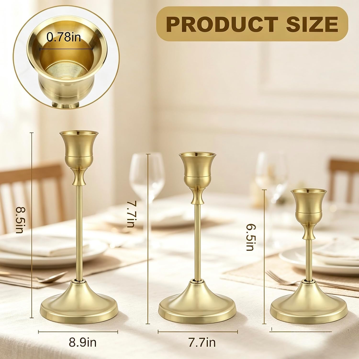Brass Gold Taper Candle Holder, Brass Gold Candle Holders with Anti-Slip Pad, Vintage Metal Candlestick Holders for Table Centerpiece, Wedding, Christmas Mantel, Home Decor (Brass gold-12PCS)