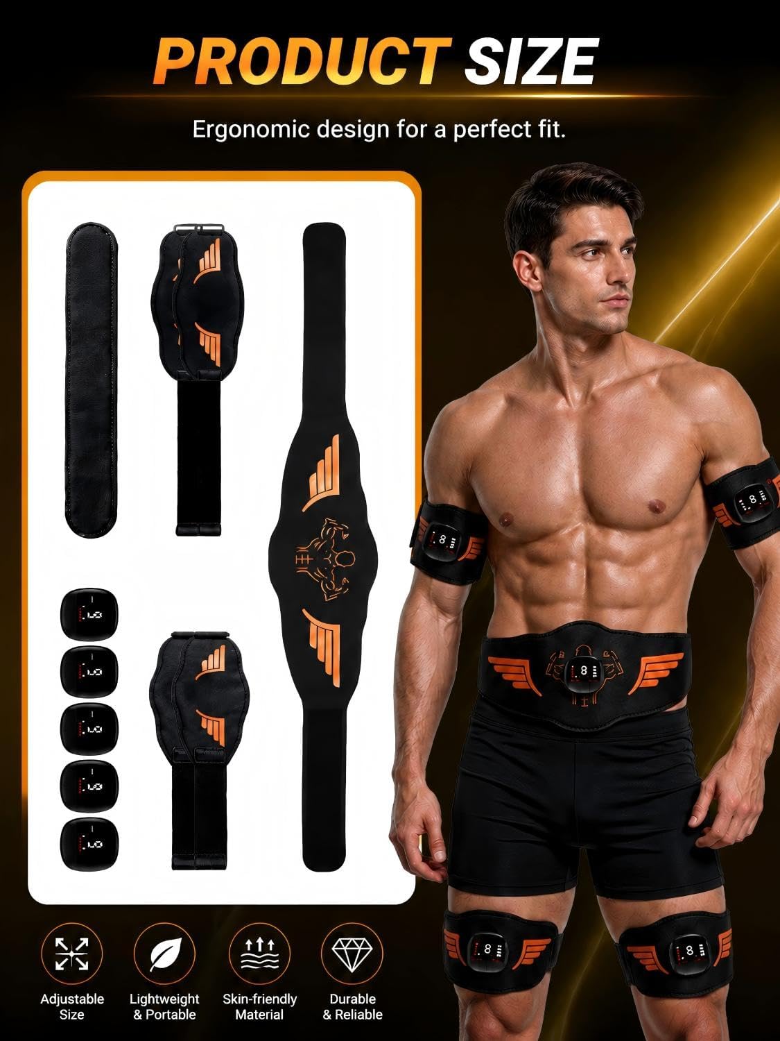 EMS Muscle Stimulator 5-Piece Set, Rechargeable ABS Stimulator & Ab Toning Belt for Abdomen, Arms and Legs, Muscle Toner Workout Equipment for Core Training for Men & Women, Body Sculpting & Fitness