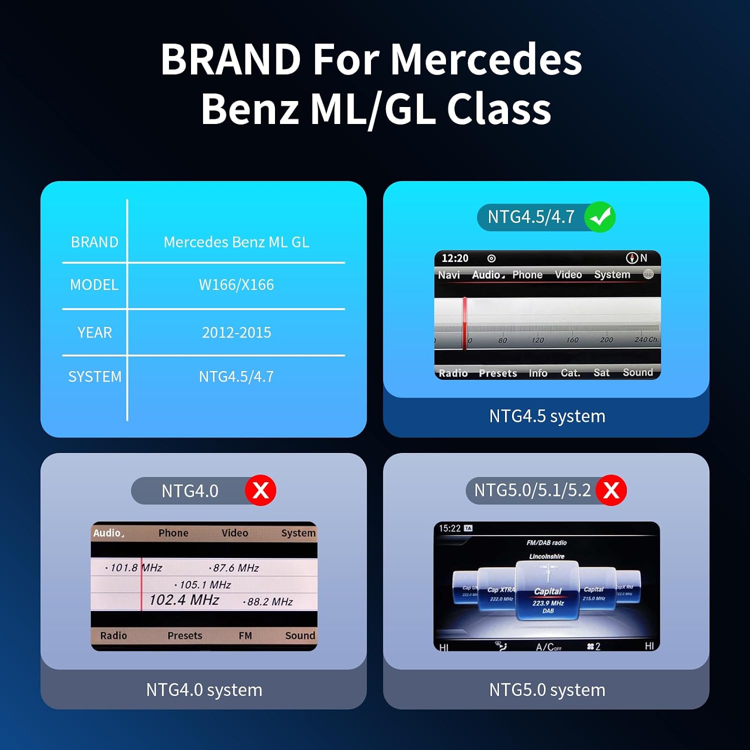 Wireless CarPlay/Android Auto 12.3 Inch Touchscreen for Mercedes Benz ML GL W166 X166 (2012-2015) with NTG4.5/4.7 System, Car Radio Receiver, Multimedia, Bluetooth, Car Stereo
