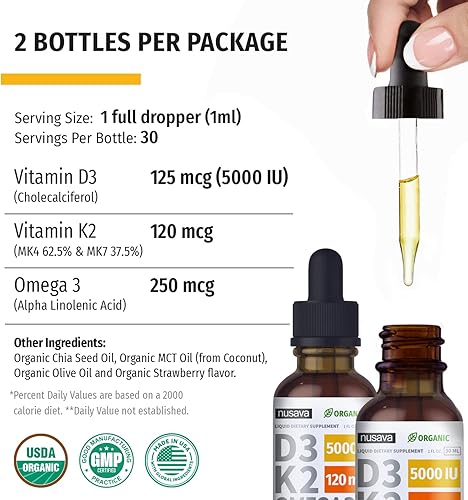 Miniatura 8 de Paquete de 2 gotas de vitamina D3 K2 orgánicas con aceite MCT Omega 3 5000 UI líquido de vitamina D de máxima resistencia 5000 IU sin rellenos