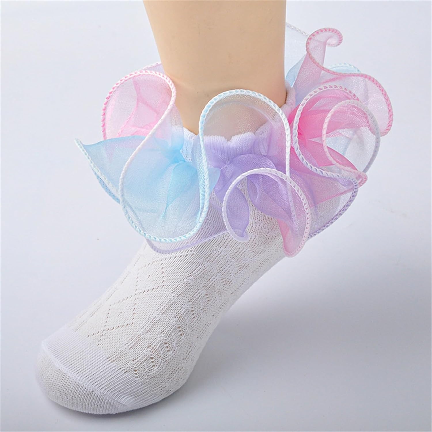SAYOO Toddler Girls Ruffle Socks Double Lace Frilly Princess Dress Sock Cotton Anti-slip Ankle Socks for Kids Years 1-10T