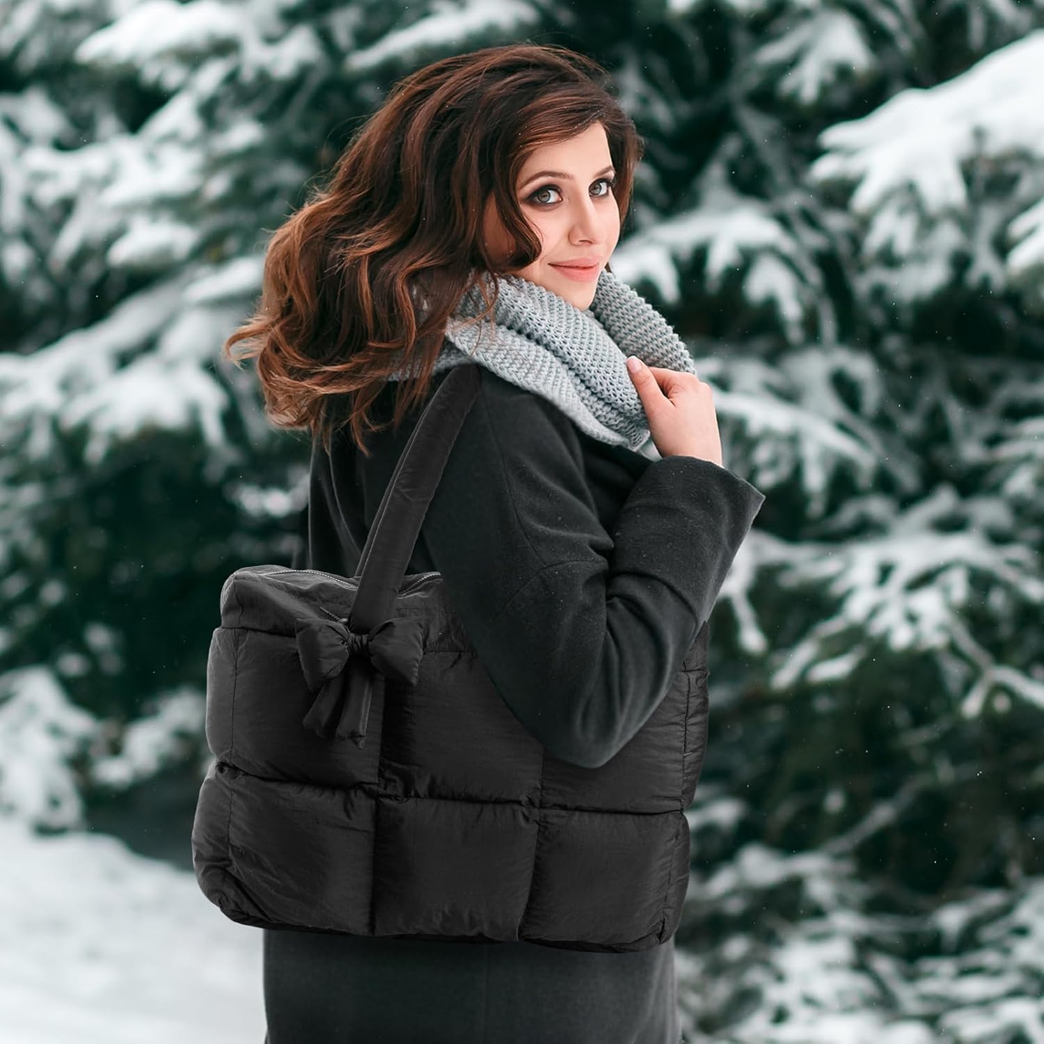 Abbylike Large Puffer Tote Bag for Women Quilted Puffy Handbag with Zipper Lightweight Satchel Purse Bow Gift Winter - Image 2