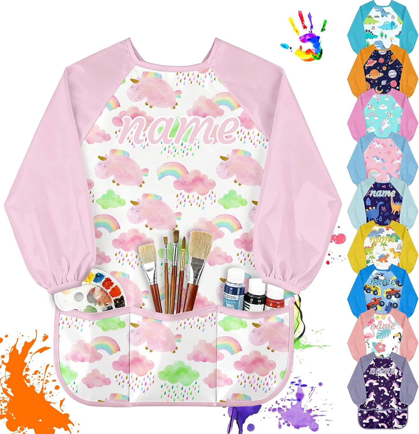 Bata de arte personalizada para niños con nombre para niños pequeños, impermeable, manga larga, delantal de pintura lavable