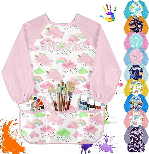 Bata de arte personalizada para niños con nombre para niños pequeños, impermeable, manga larga, delantal de pintura lavable