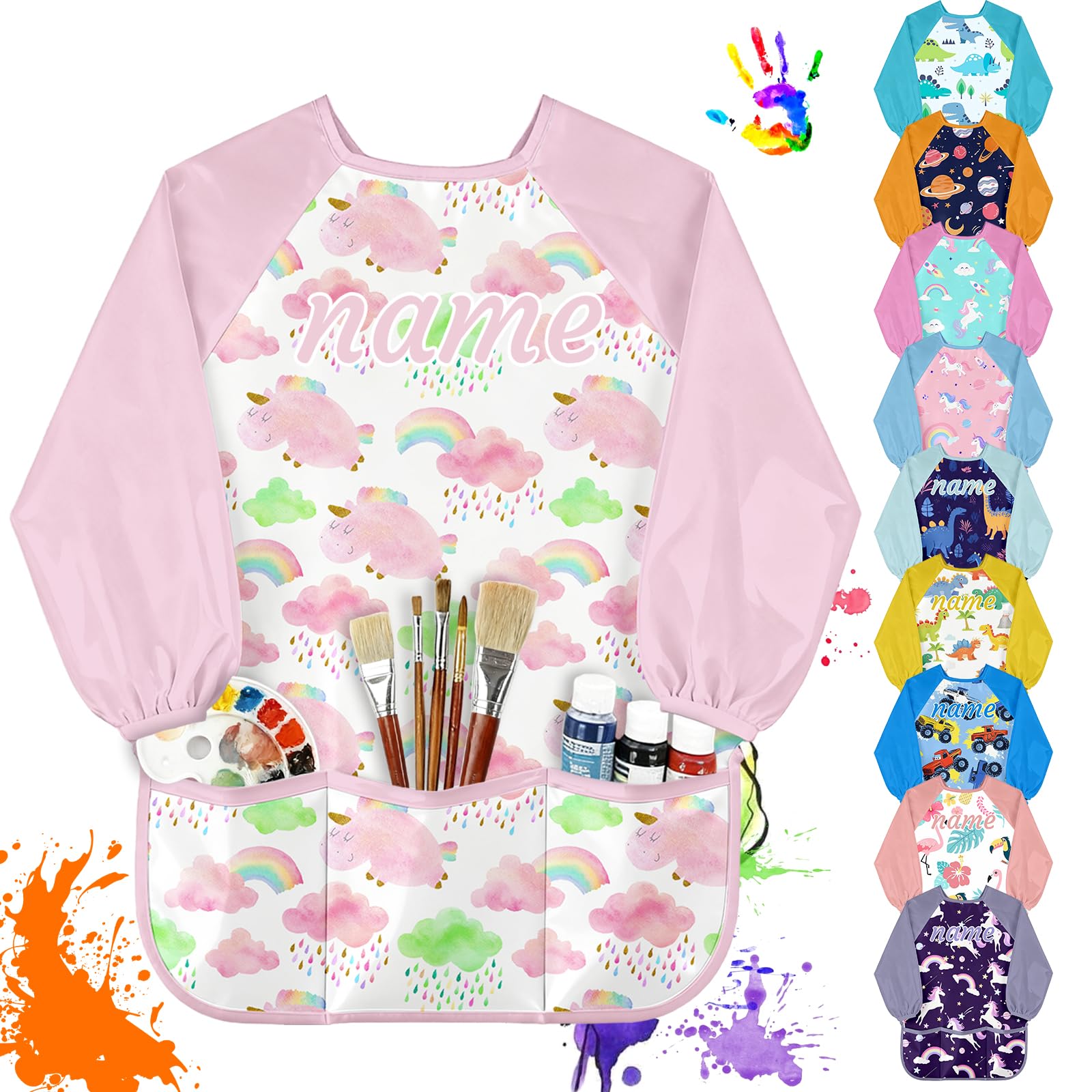Oscolewis Personalised Kids Art Smock with Name Toddler Smock Waterproof Long Sleeve for Artist Washable Painting Apron with 3 Pockets