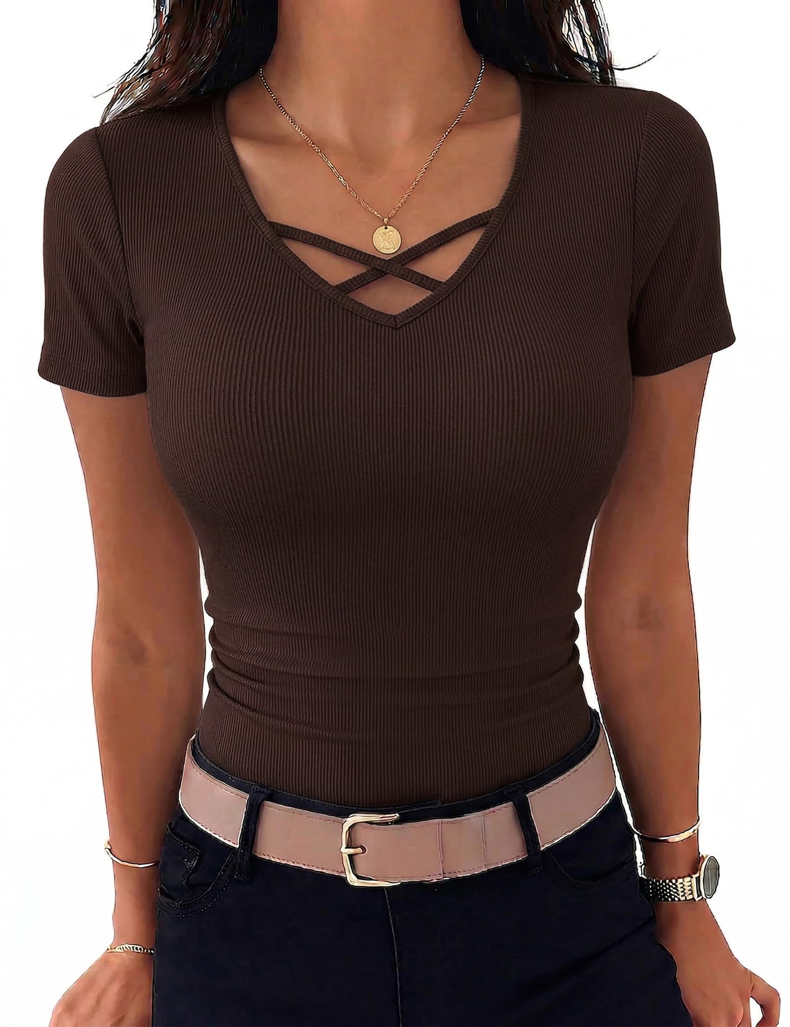 Aottori Tshirt Damen V-Ausschnitt Kurzarm Sommer T-Shirt Basic Gerippt Oberteile Stretch Elegant Top Einfarbig Slim Fit Tee Shirts