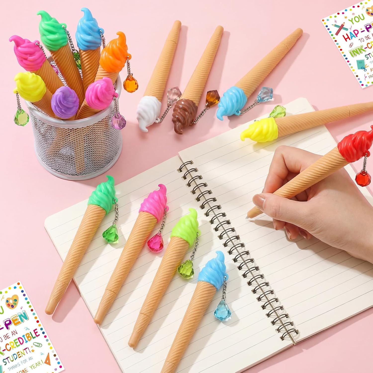 Marspark 36 Sets End of Year Gifts Includes 36 Ice Cream Pens Black Ink, 36 Gift Cards and 36 Mesh Bags for End of Term Summer Birthday Graduation Ice Cream Party Favors for Reward Teacher Supply
