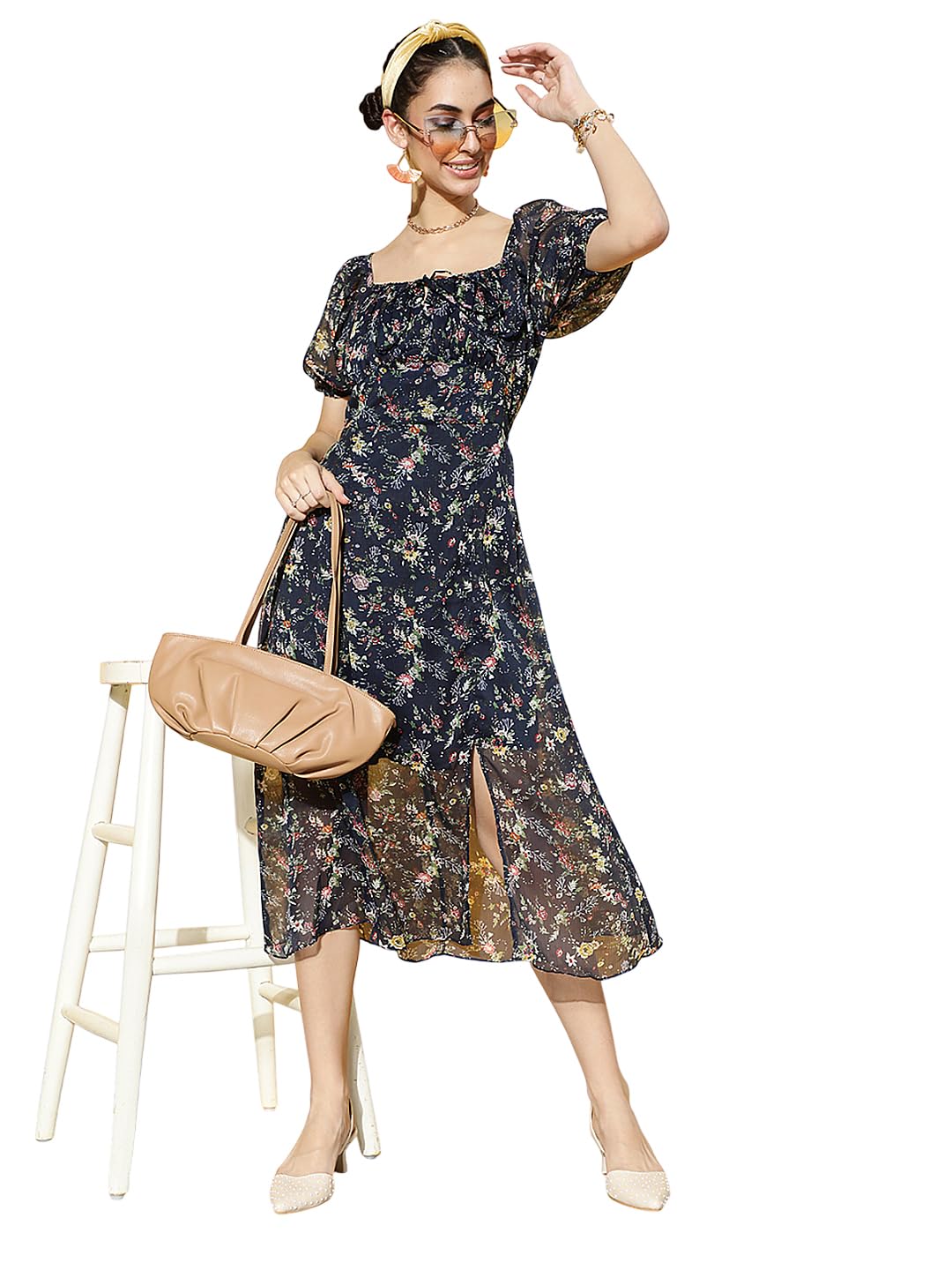 Athena Lifestyle Women and Girls Georgette Regular Fit and Flare Square Neck Block Print Midi Length Short Sleeve Navy Blue Casual Dress Athena Lifestyle Women and Girls Georgette Regular Fit and Flare Square Neck Block Print Midi Length Short Sleeve Navy Blue Casual Dress