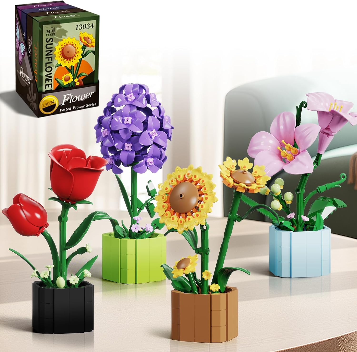 Flower Bouquet Building Blocks Set 1109PCS, Lego Compatible Botanical Collection Building Kit for Adults 14+, Potted Flower Model Home Decor Display, Creative Building Toy Gift for Women & Collectors