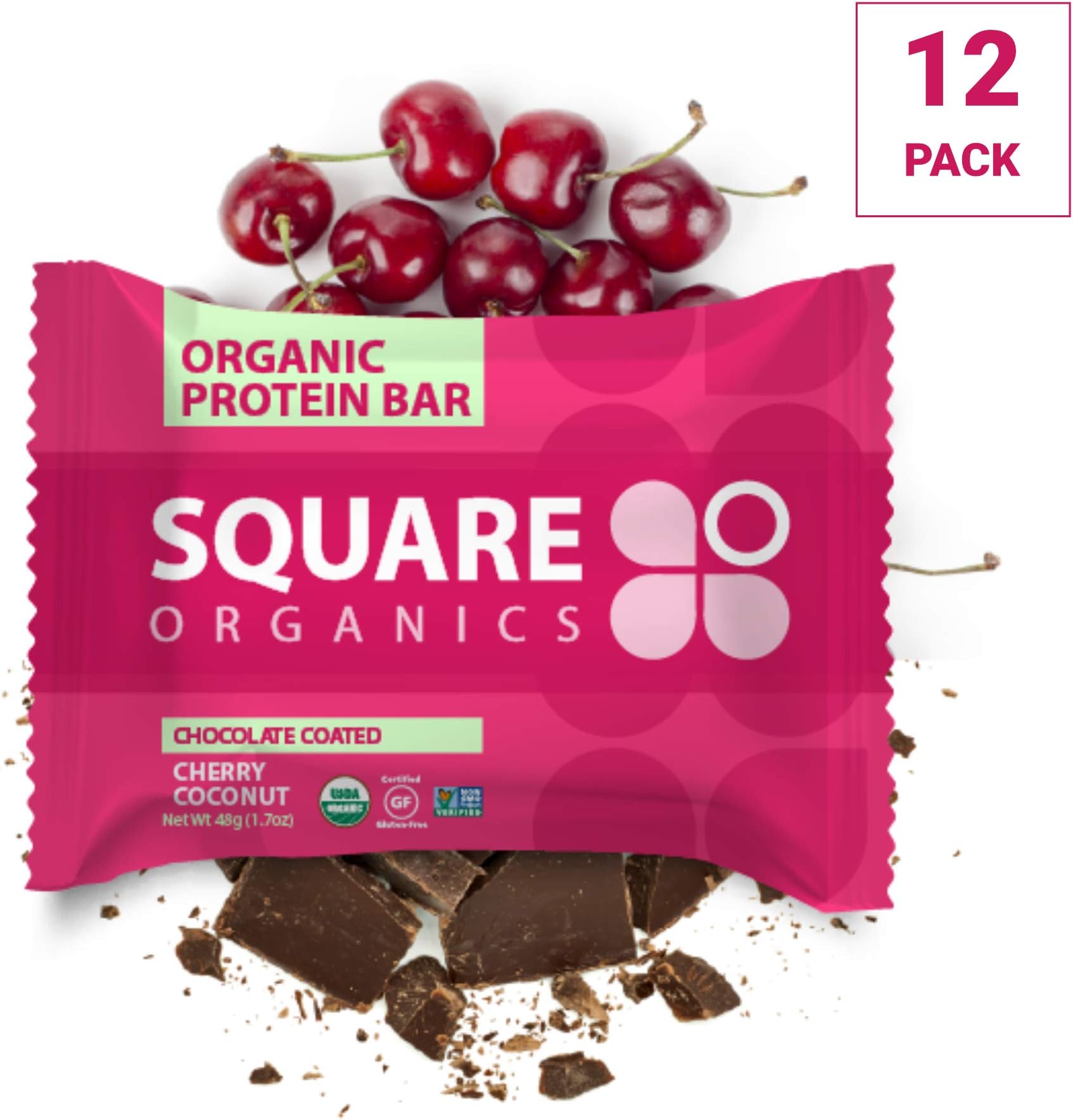 Square Organics Organic Chocolate Coated Protein Bar, Cherry Coconut (12 Count) 1.7 Oz., Gluten-Free Soy-Free Dairy-free Vegan High Protein Snack