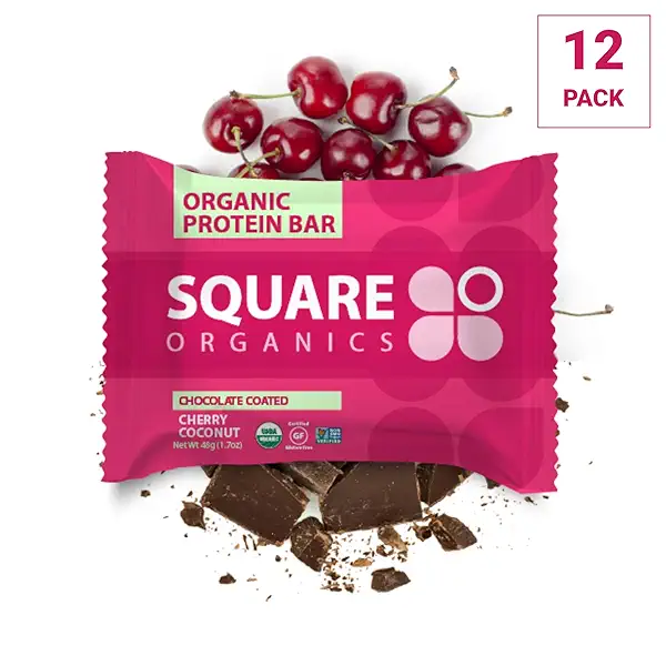 Square Organics Organic Chocolate Coated Protein Bar, Cherry Coconut (12 Count) 1.7 Oz., Gluten-Free Soy-Free Dairy-free Vegan High Protein Snack 1