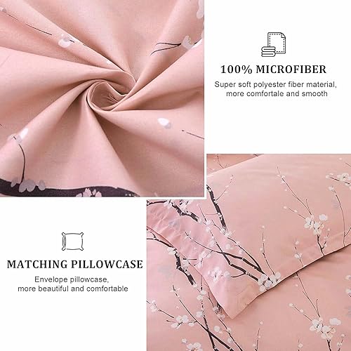 Miniatura 5 de Juego de funda de edredón floral rosa tamaño individual, juego de ropa de cama reversible de flores con 1 funda de almohada de 2 piezas, juego de