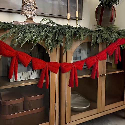 Decoraciones navideñas – Guirnalda de lazo de terciopelo rojo de 6 pies – Decoración navideña para repisa, chimenea, estante de gabinete, marco