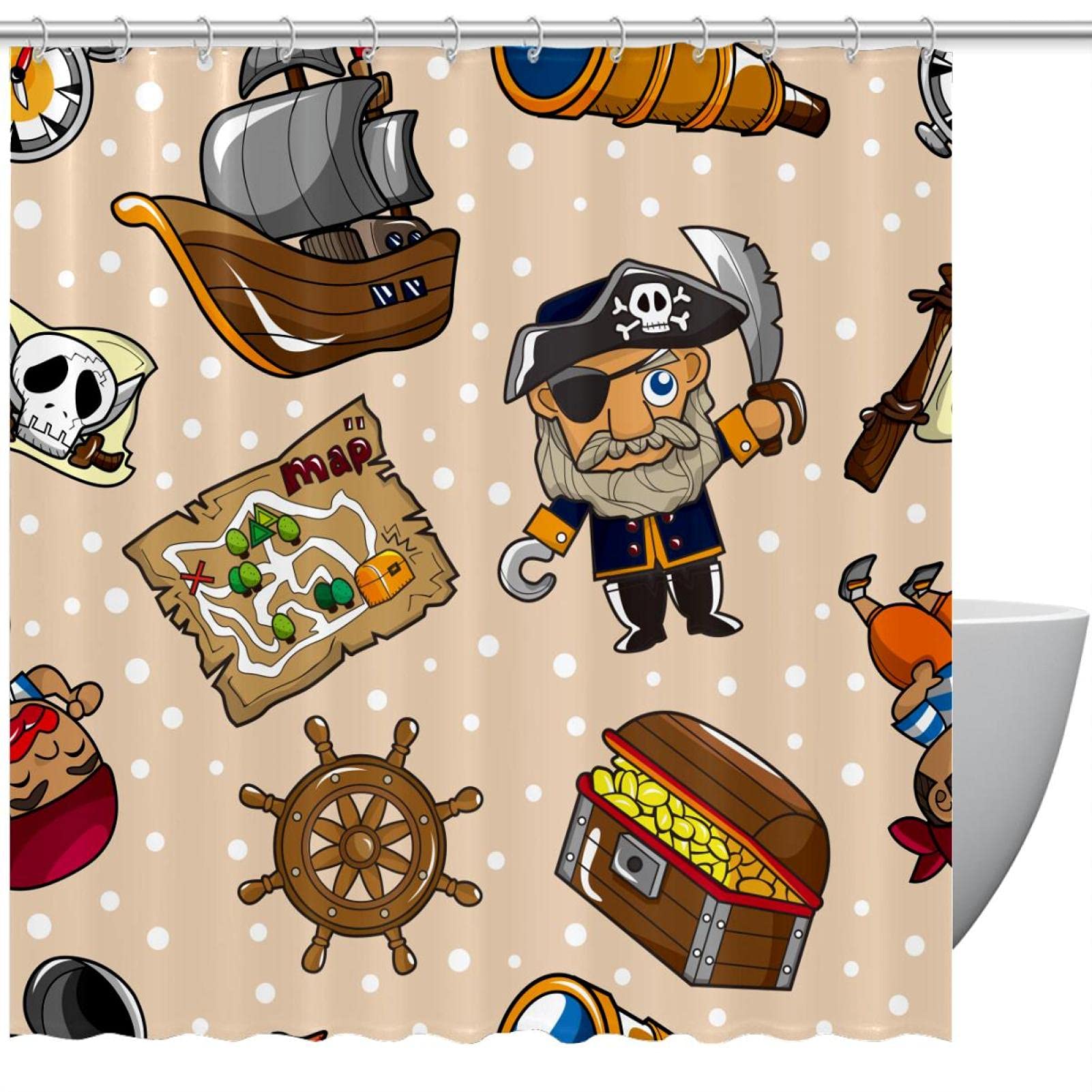 Rideau de douche avec crochets motif pirates nautiques 183 cm pour baignoire et douche familiale