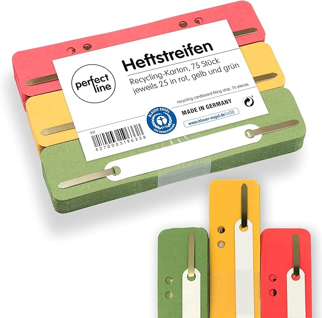 perfect line 75 Filing Strips Cardboard, Recycled Cardboard, 250 g/m², Made in Germany (red, Green, Yellow)