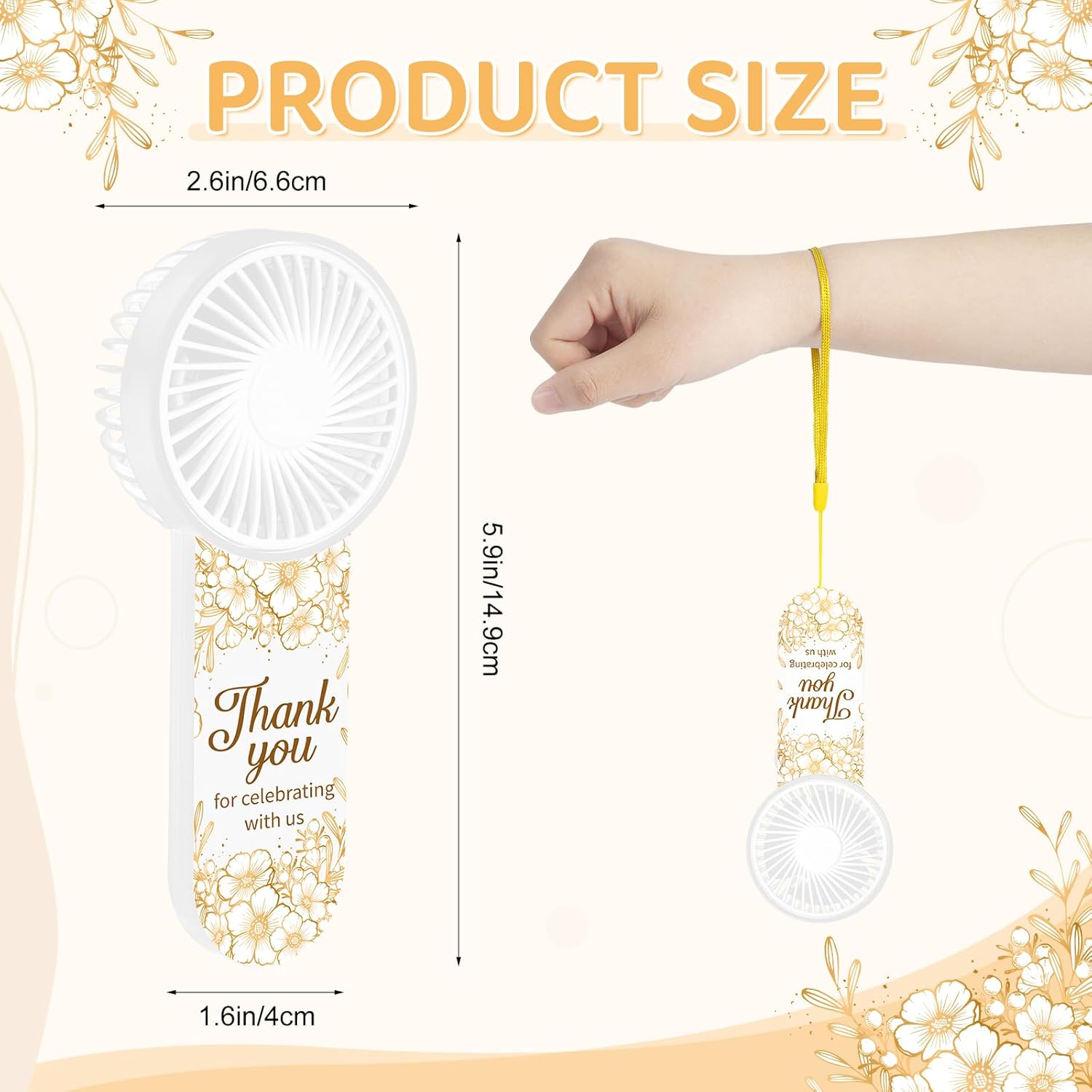 12 Pcs Wedding Favor Small Personal Portable Fan Mini Handheld Fan Bulk Small Fans Cute Fans for Guest Women Men Travel Camping (Golden Floral)
