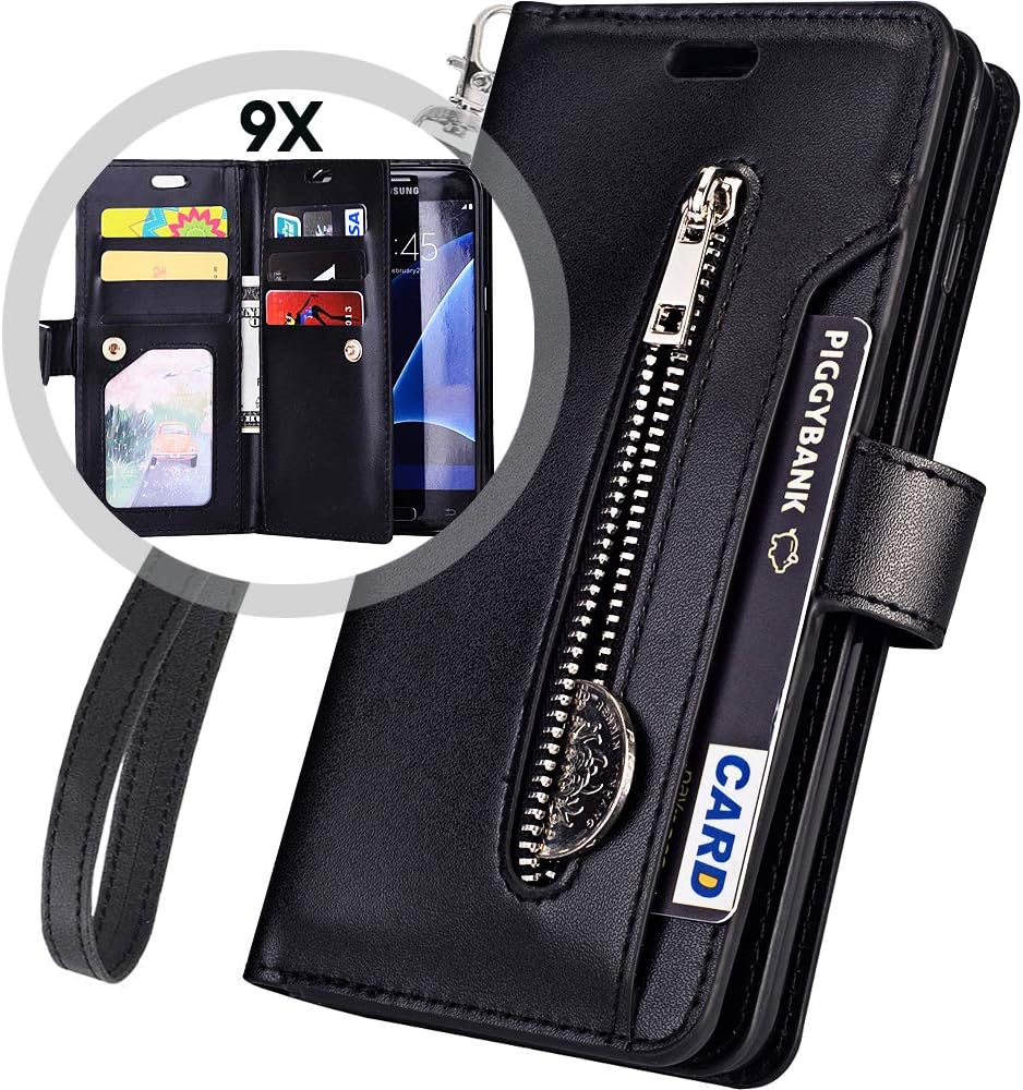 Galaxy J3 Case 2018 Wallet/J3 Achieve/J3 Star/J3 Orbit/Amp Prime 3 Case,Auker 9 Card Holder Folio Flip Leather Magnetic Folding Zipper Wallet Case with Strap/Money Pocket for Samsung J3V 2018 (Black)