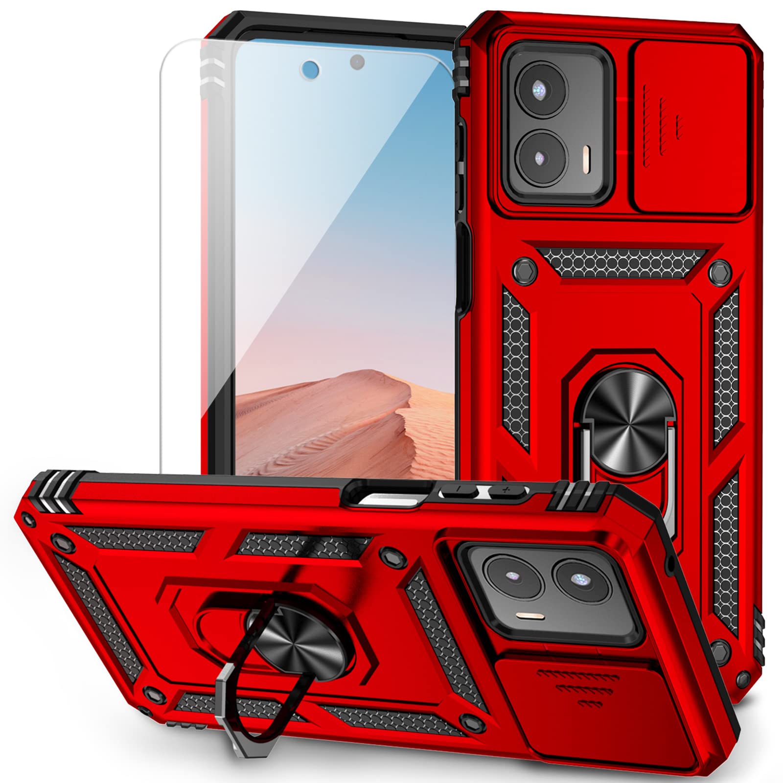 for Moto G 5G 2023 Case with Slide Camera Cover HD Screen Protector [Military Grade 16ft. Drop Tested] Magnetic Ring Holder Kickstand Protective Phone Case for Motorola Moto G 5G 2023, Red
