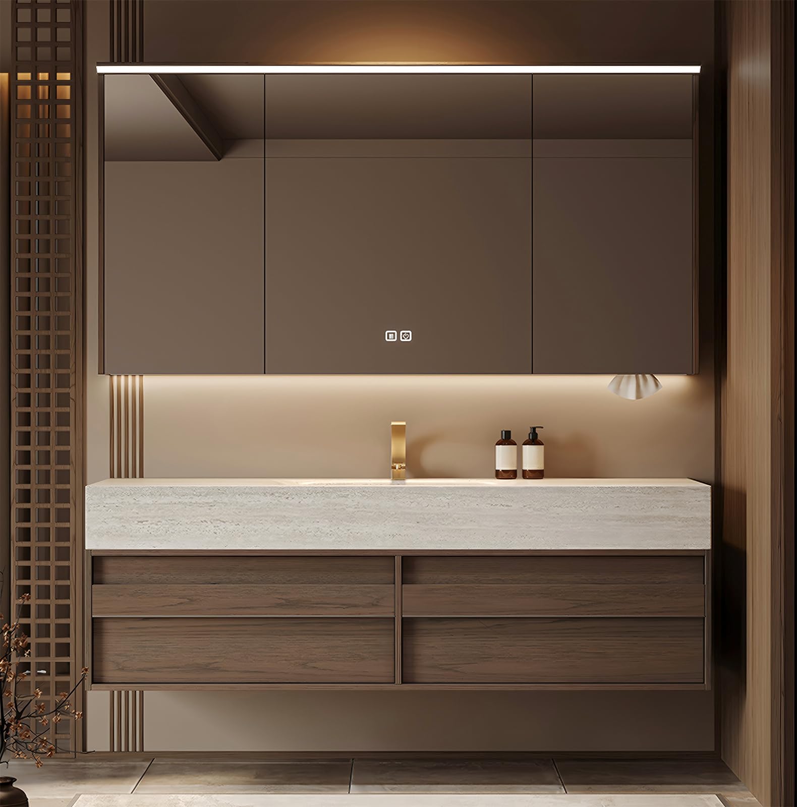 Moderno juego de tocador de baño de 64 pulgadas con espejo antivaho inteligente, parte superior de pizarra gruesa y fregadero de cerámica, montado en la pared, combo de madera maciza multicapa