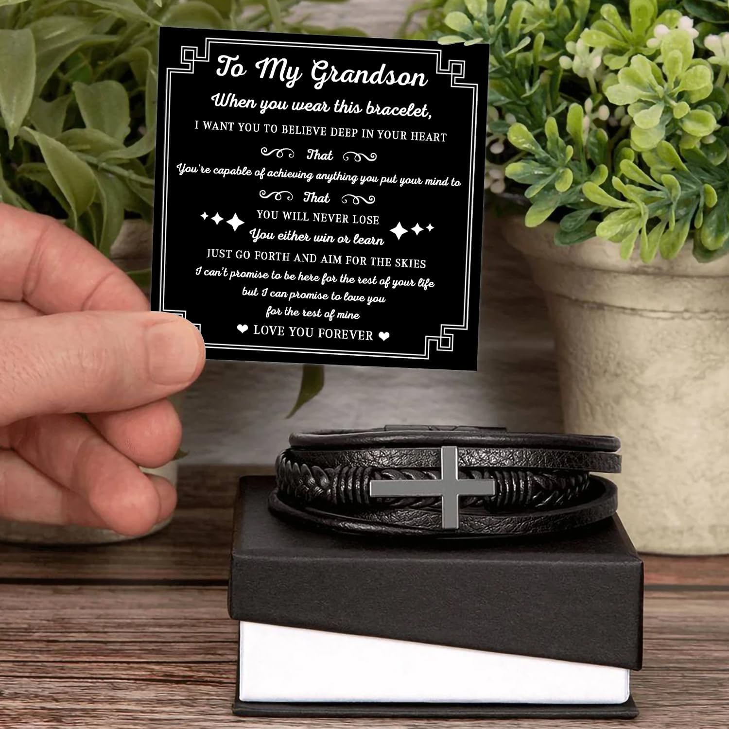 To My Grandson – Braided Leather Bracelet with Love You Forever Message, Thoughtful Gift from Grandpa & Grandma with Elegant Gift Box – Ideal for Birthday, Graduation, Christmas For Grandson