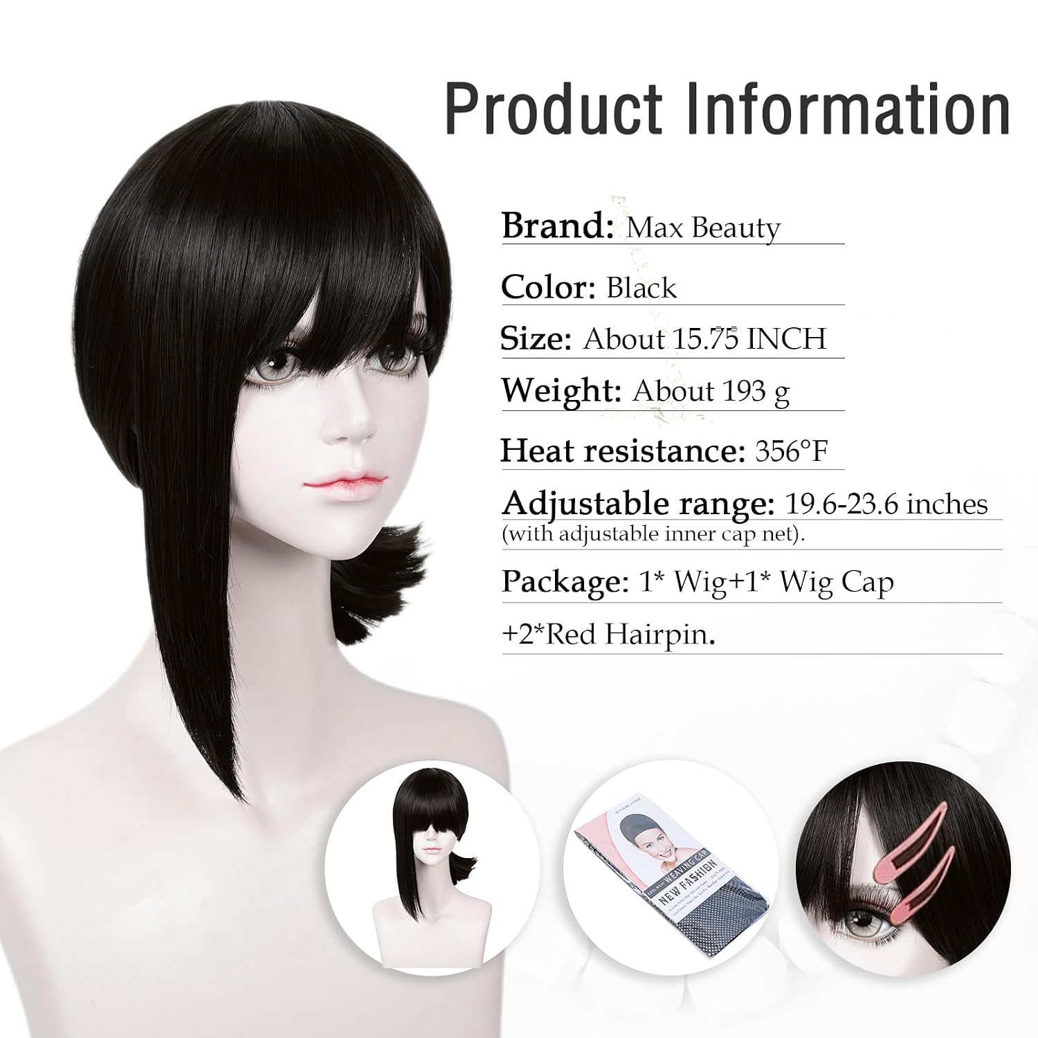 LABEAUTÉ Short Black Wig + Hairpin for Women Girls Cosplay Wig with Ponytails for Halloween Party + Cap