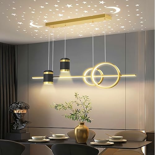 Miniatura 15 de Moderna lámpara colgante lineal de escritorio regulable, dorada con lámpara de anillo remoto, ajuste de altura de 39 pulgadas, lámpara de techo de