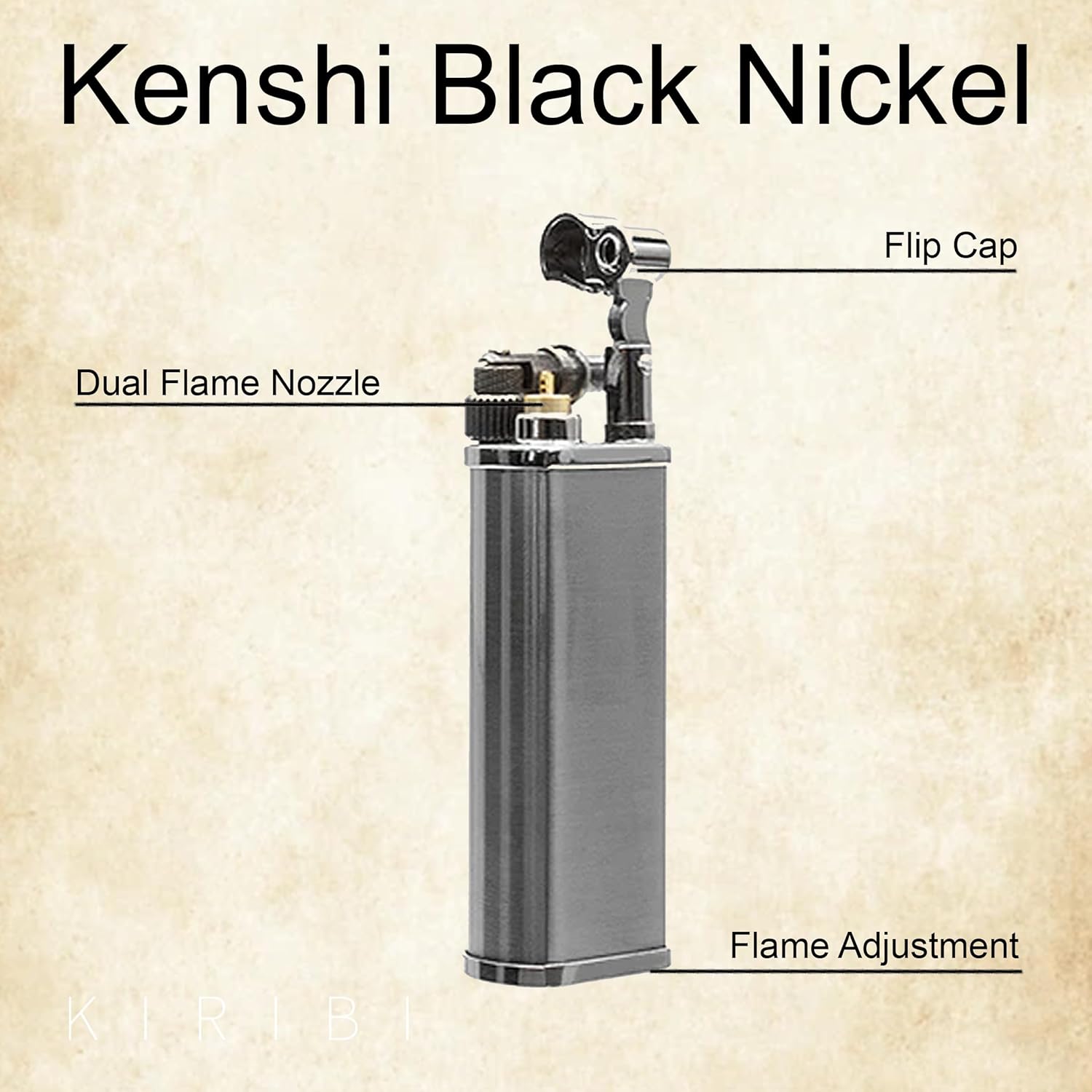 Kenshi Japanese Pipe Lighter - Refillable, Angled & Adjustable Soft-Flame, Travel Friendly, Flip Top (Black Nickel)