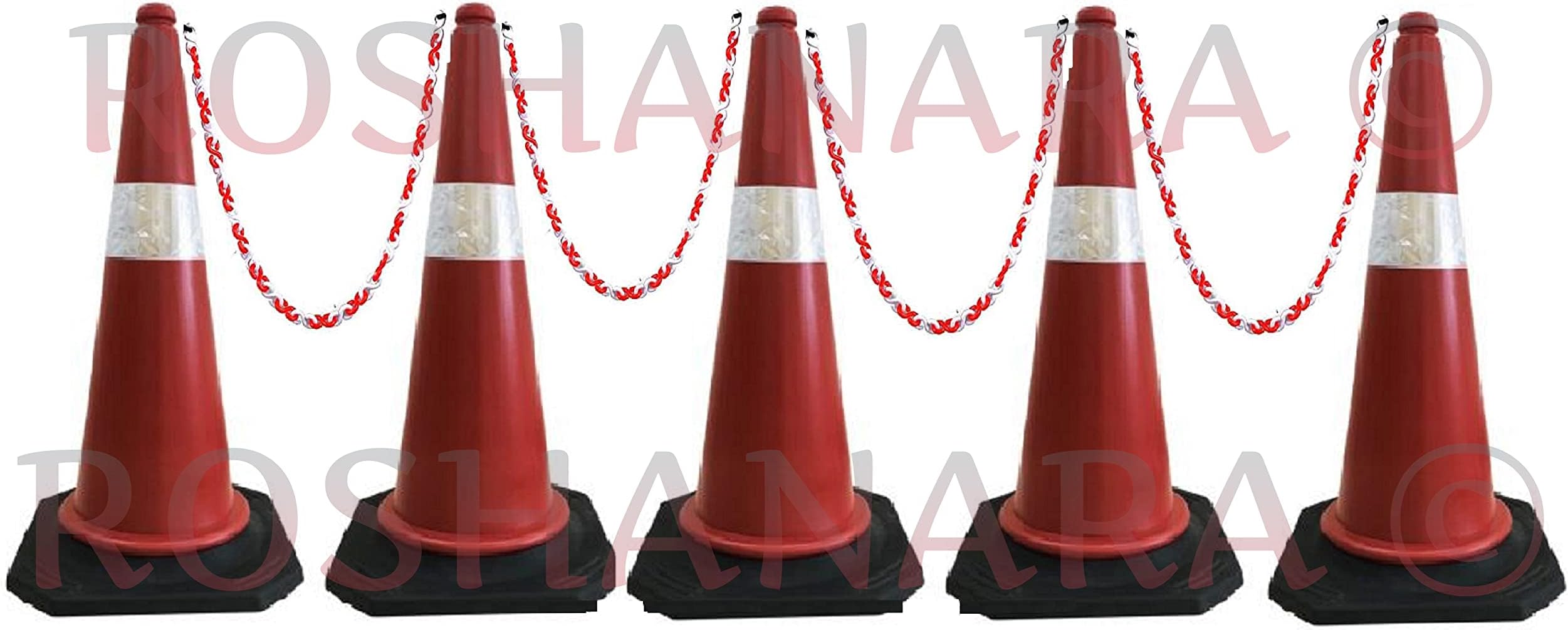 ROSHANARA™ Traffic Cones Safety Cone For Road Safety 5 PVC Safety Cones with 5 Meters Plastic Safety Chain and 5 Rubber Hooks Multipurpose PVC Safety Cones With Reflective Tape With Black Rubber Base