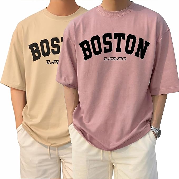 Barkeyo (Boston-ft) Oversized Drop Shoulder T-Shirt for Men — Pack of 2 | French Terry (Biege/Pink)
