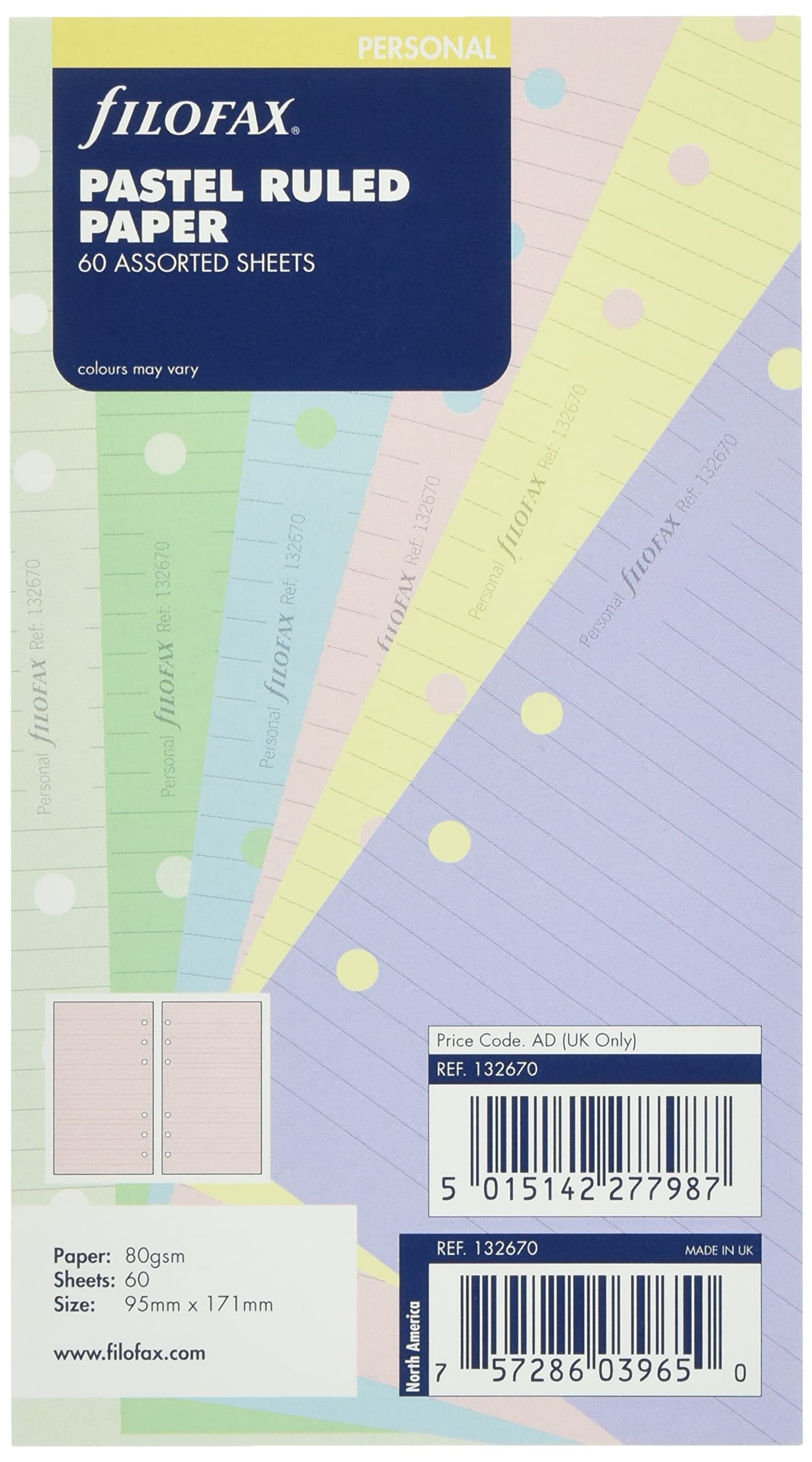 Filofax Personal size Pastel Ruled Paper Assorted Colours Refill 132670