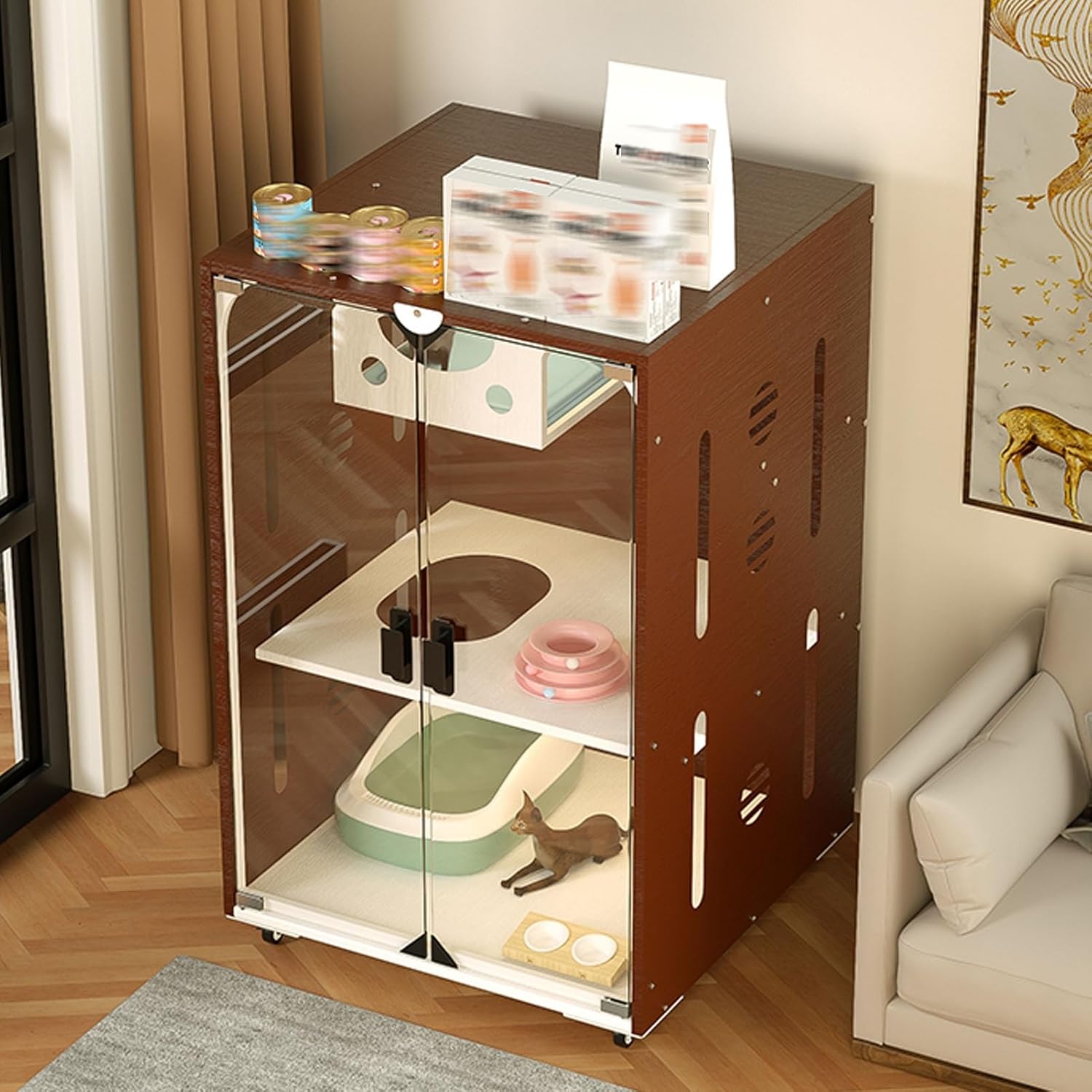 Cat Cage, Cats Enclosures with Universal Wheels, Iron Plate, Highly Transparent, Breathable, Cats Playpen, Outdoor/Indoor Cat Cage Enclosure