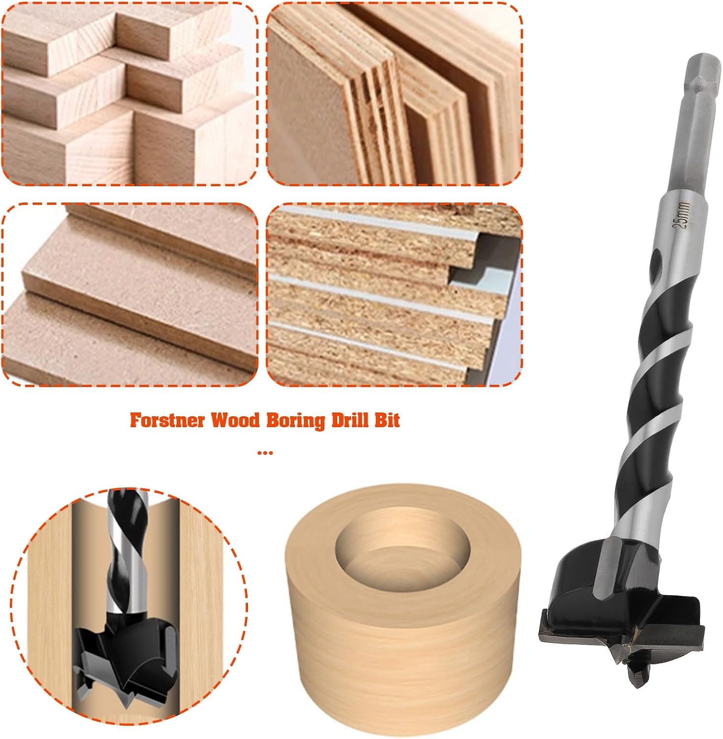 25mm Forstner Wood Boring Drill Bit Hole Hinge Cutter 7mm Hex Shank 129mm Length Extra Long Drill Bits