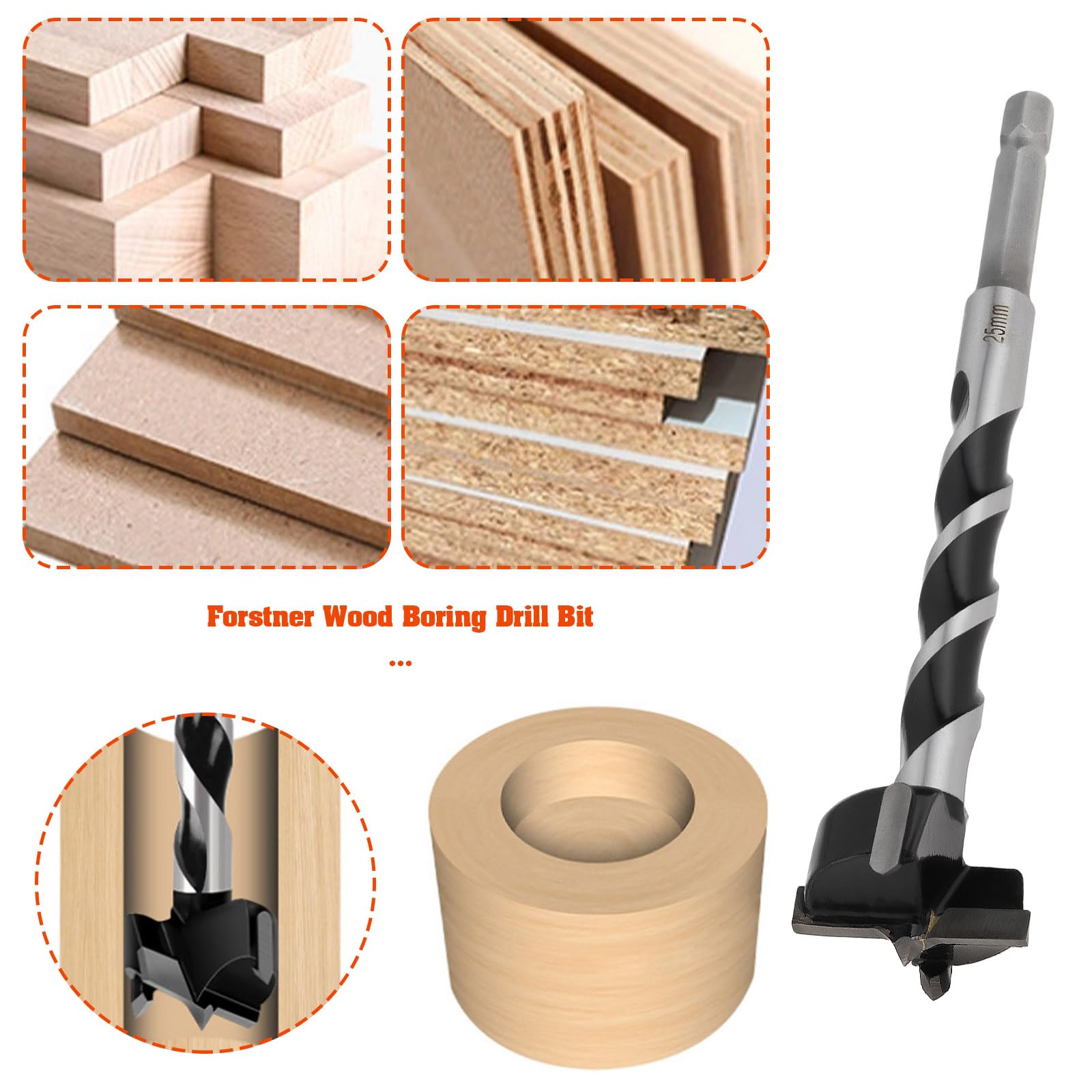 Briny River 25mm Forstner Wood Boring Drill Bit Hole Hinge Cutter 7mm Hex Shank 129mm Length Extra Long Drill Bits - Image 3