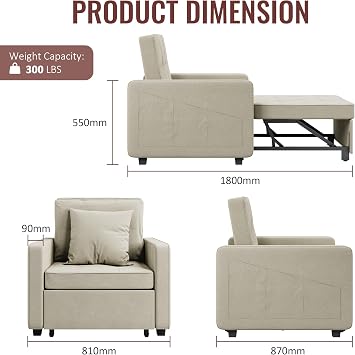 3-in-1 Single Sofa Bed, Pull Out Convertible Sleeper Chair Bed with Adjustable Backrest, Pillow, Side Pockets, Breathable Linen Guest Bed for Living Room, Bedroom, Cream White