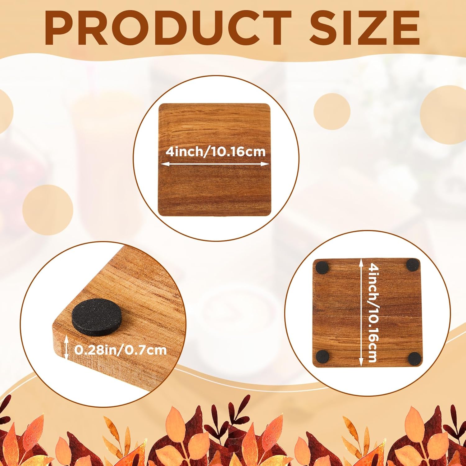 36 Pcs Unfinished Acacia Wood Coasters Bulk, 4 Inch Square Wooden Coasters for Crafts with Non-Slip Silicon Dots for DIY Stained Painting Wood Engraving Home Decoration (Square)