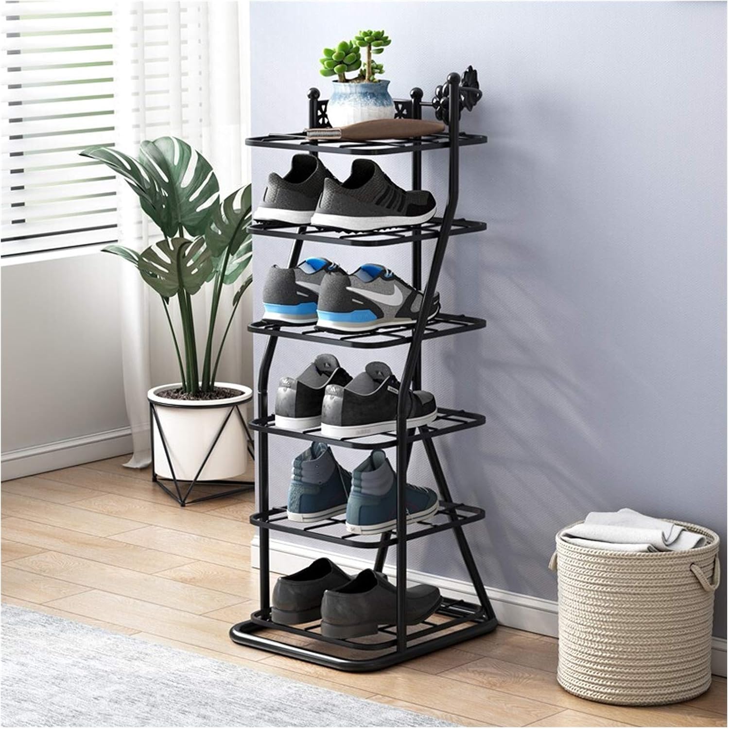 Indoor Shoe Rack Space Saving Shoe Shelf Metal Shoe Rack Stable and Durable Independent Shoe Rack 6-Story Entryway Shoe Racks （White/Black） Shoe Shelf for Entryway (Color : Black) (Black)