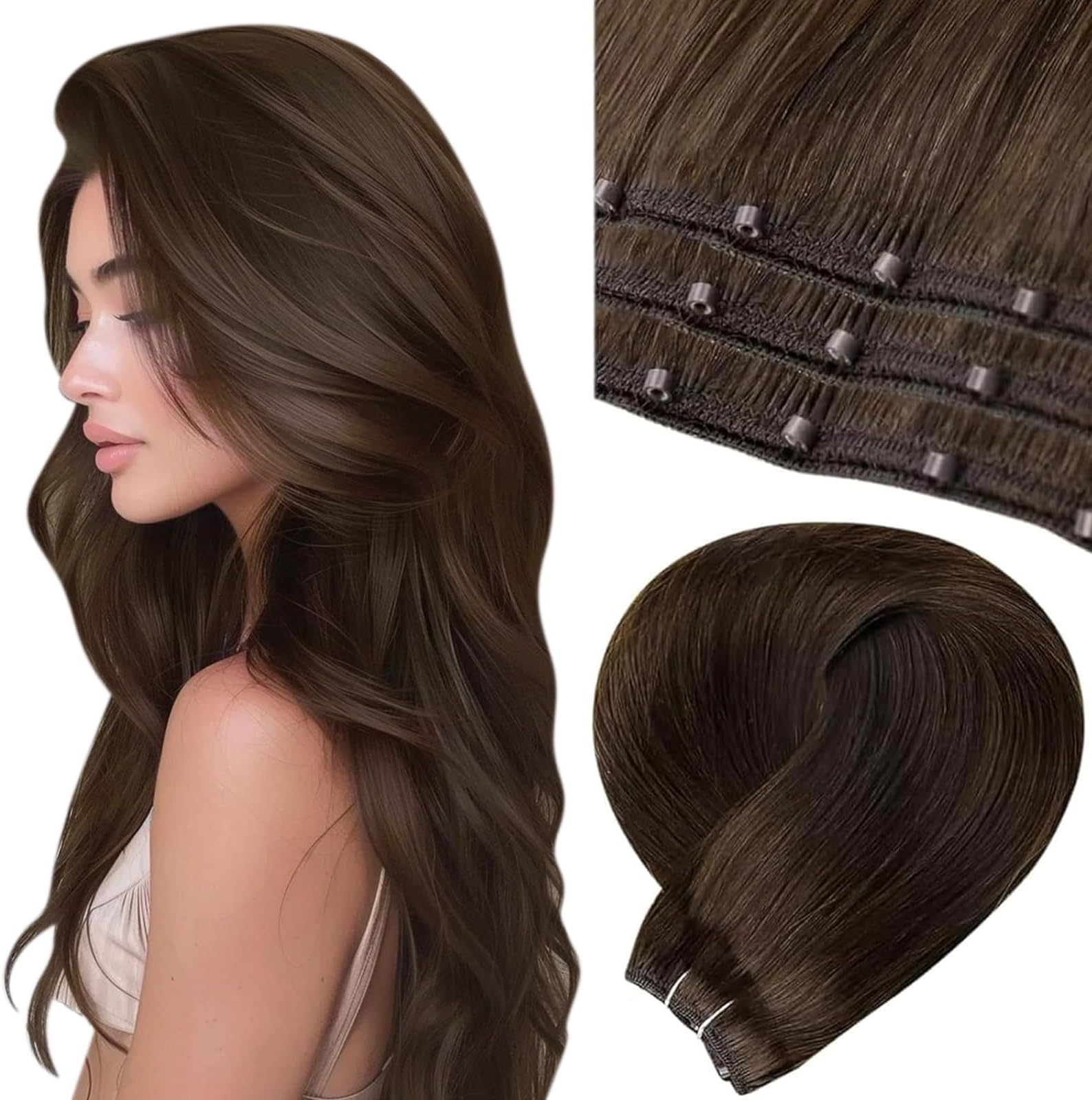 LaaVoo Beaded Weft Hair Extensions Human Hair Brown #4 Microbead Weft Extensions Remy Hair Weft Hair Extension Human Hair Dark Brown with Micro Beaded 18inch 20pcs 50g