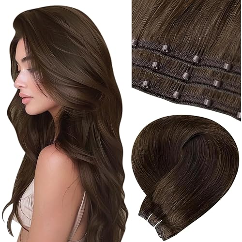 LaaVoo 22inch Real Human Hair Beaded Weft Extensions Brown Microbead Weft Hair Extenisons Real Human Hair Beaded Weft Hair Extensions Dark Brown Straight 20pcs 50g