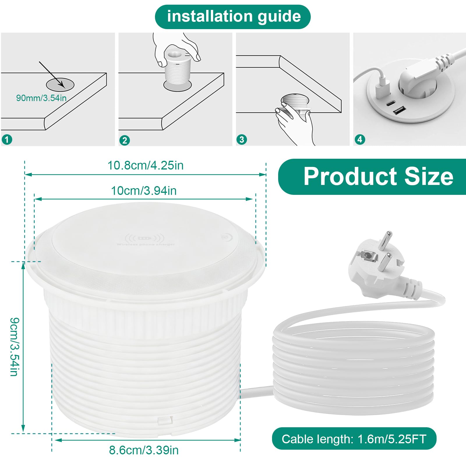 Enchufe de mesa con USB C+USB A, enchufe empotrable, regleta de 1,8 m de cable, enchufe de escritorio, enchufes empotrados, 1 tipo C, 2 pasacables USB A, (blanco con carga inalámbrica)