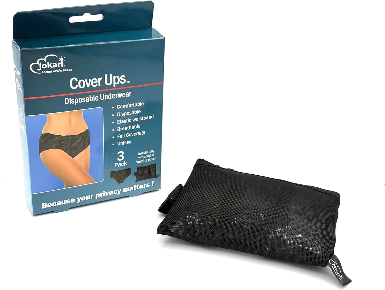 Jokari 6-Pack Disposable Unisex Underwear for Men and Women. Individually Wrapped, Breathable, Full-Coverage, Elastic Fit Undies for Travel, Emergencies or Medical Use. Includes Zippered Carrying Case