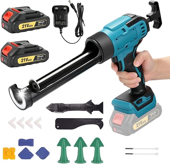 Cordless Caulking Gun Compatible with Makita 18V, Electric Silicone Sealant Gun with 2 x 2.0Ah Batteries, LED Light, Drip-Free, 6 Adjustable Speeds, Auto Retract for Filling and Sealing