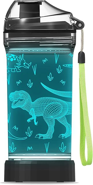 YuanDian Dinosaur Water Bottle, Light Up Boy Drinking Cups with 3D Dinosaur Night Light- 14 OZ Tritan BPA Free Eco-Friendly - Cool Jurassic Park Merchandise Gift for School Kids Boy Girl