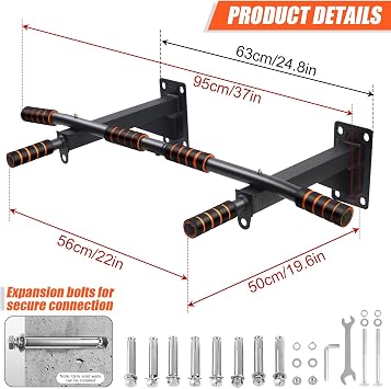 Wall Mounted Pull Up Bar, Multi-Grip Chin Up Bar Up to 440lbs, with 6 Foam Padded Hand Grips and 2 Suspension Hooks, Upper Body Workout Bar for Home Gym Exercise, Strength Training