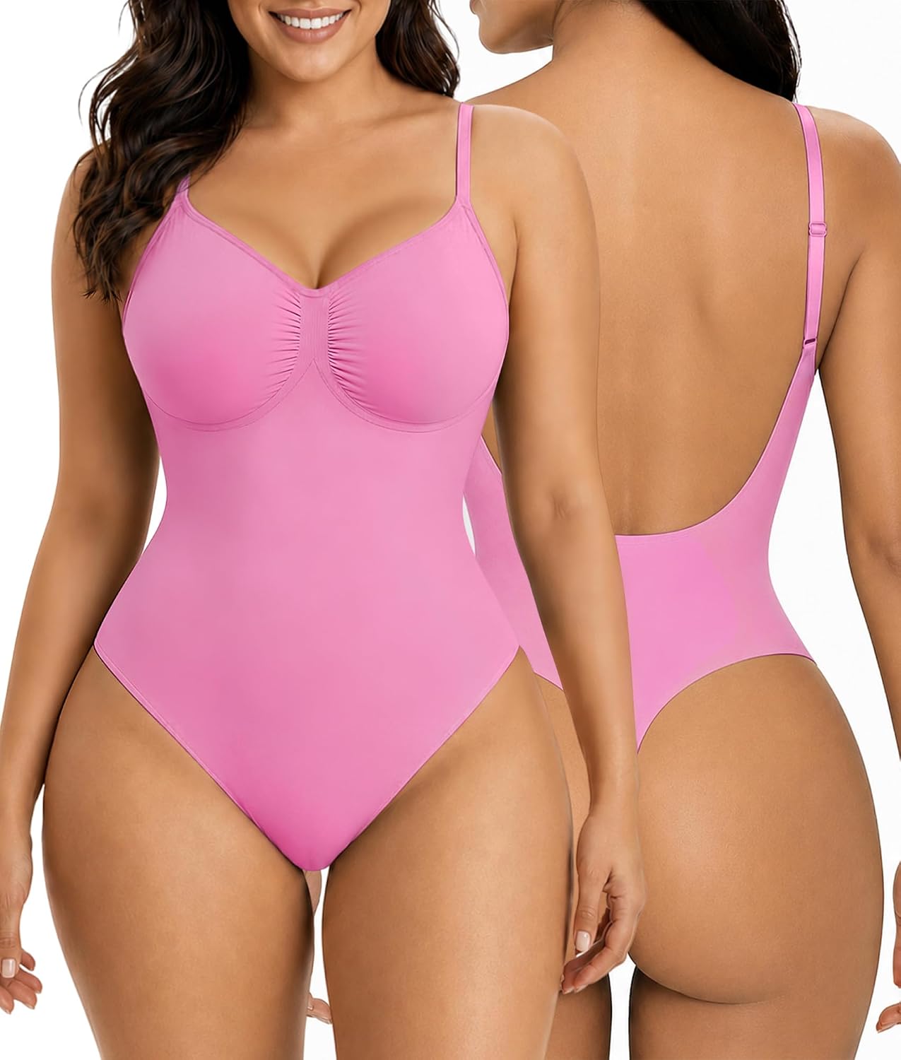 SHAPERX Women's Low Back Shapewear Bodysuit Seamless Tummy Control Backless Thong Body Shaper with Adjustable Straps