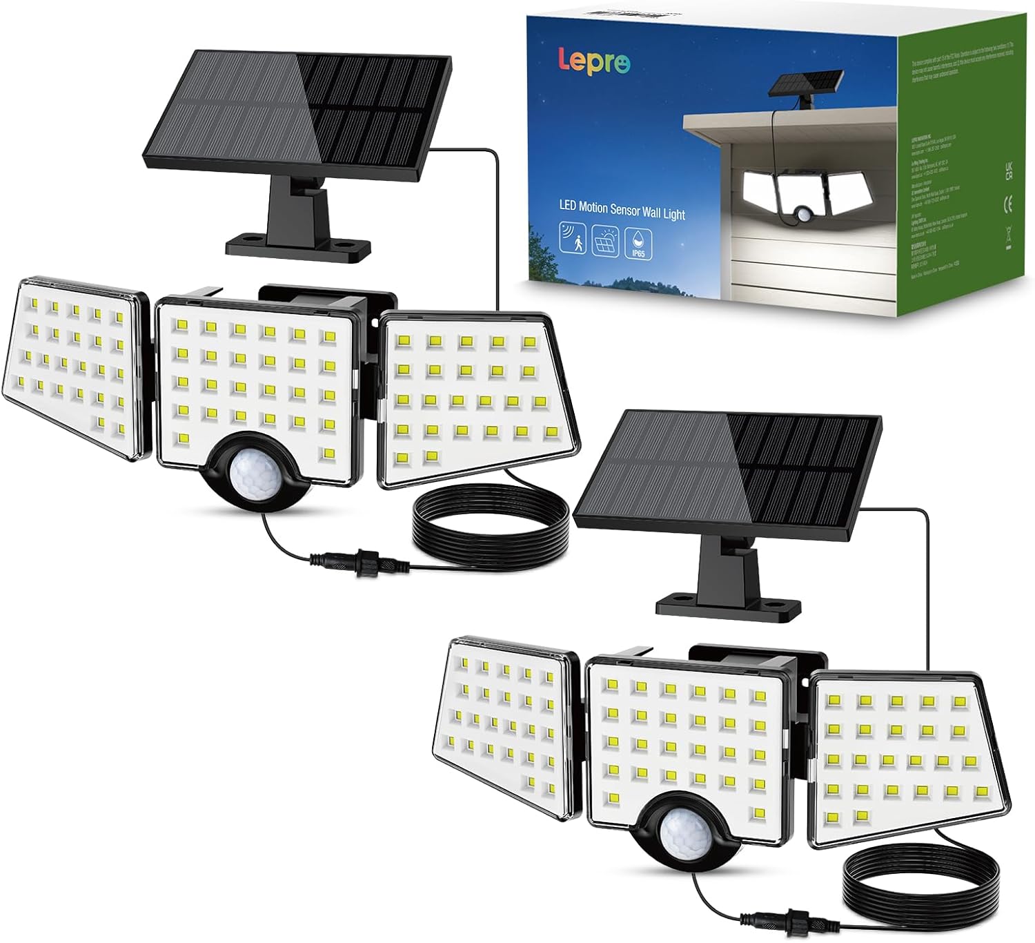 Product image of Lepro Solar Motion Sensor Light Outdoor 2-Pack, 72 LEDs 1000lm Security Flood Light Separate Panel 3 Adjustable Heads 6500K White Light IP65 Waterproof Solar Lights Outdoor for Porch Yard Garage
