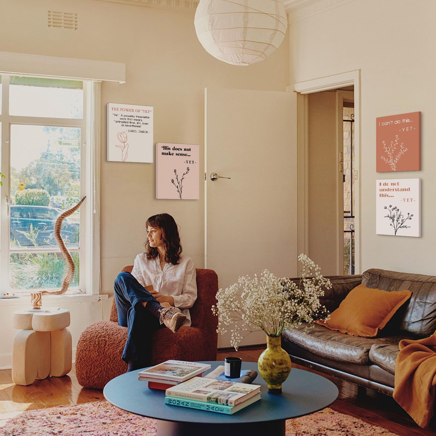 HPNIUB Boho Growth Mindset Classroom Wall Art, Set Of 6 Piece (12x16inch,Framed) Rustic The Power of Yet Motivational Quote Mental Health Wall Decor, Positive Affirmations Poster for Office Bedroom