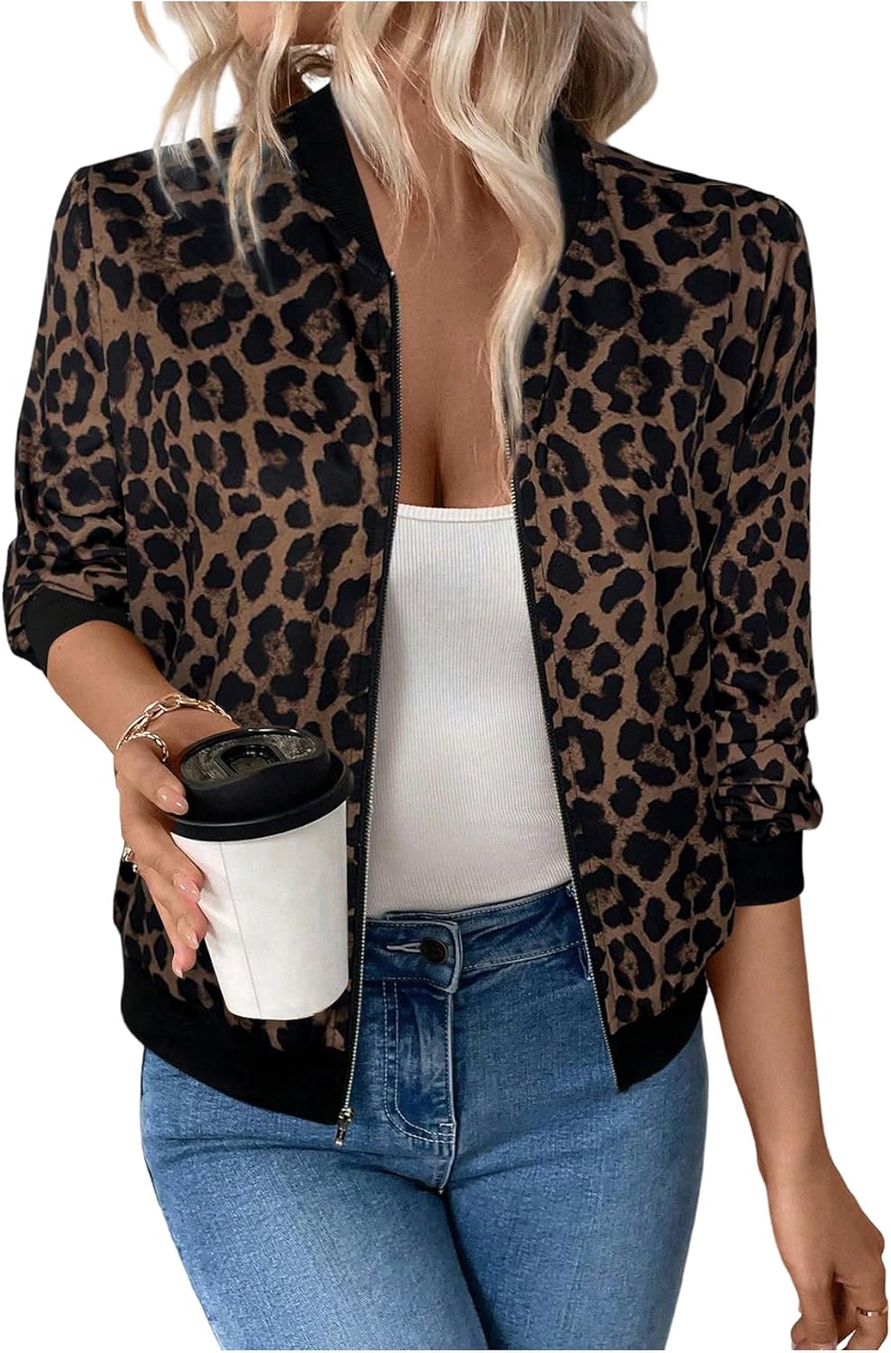 GORGLITTER Women's Cheetah Leopard Print Long Sleeve Blazer Jackets Animal Print Zip Up Bomber Outerwear
