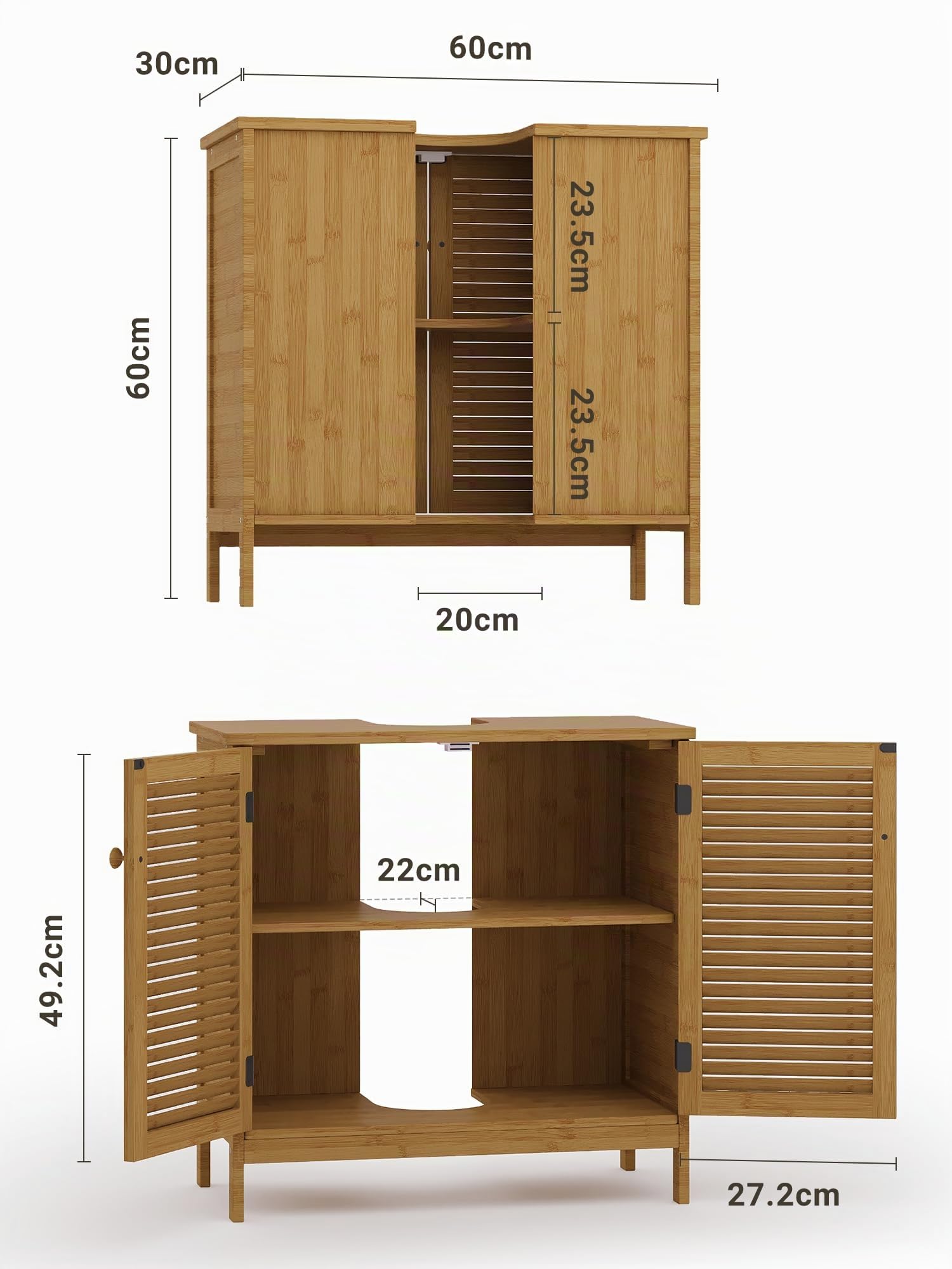 Xbro Mobile sottolavabo con 2 ante lamellari, ripiano regolabile, mobili da bagno per bagno, 60 x 30 x 60 cm,Colore legno di bambù