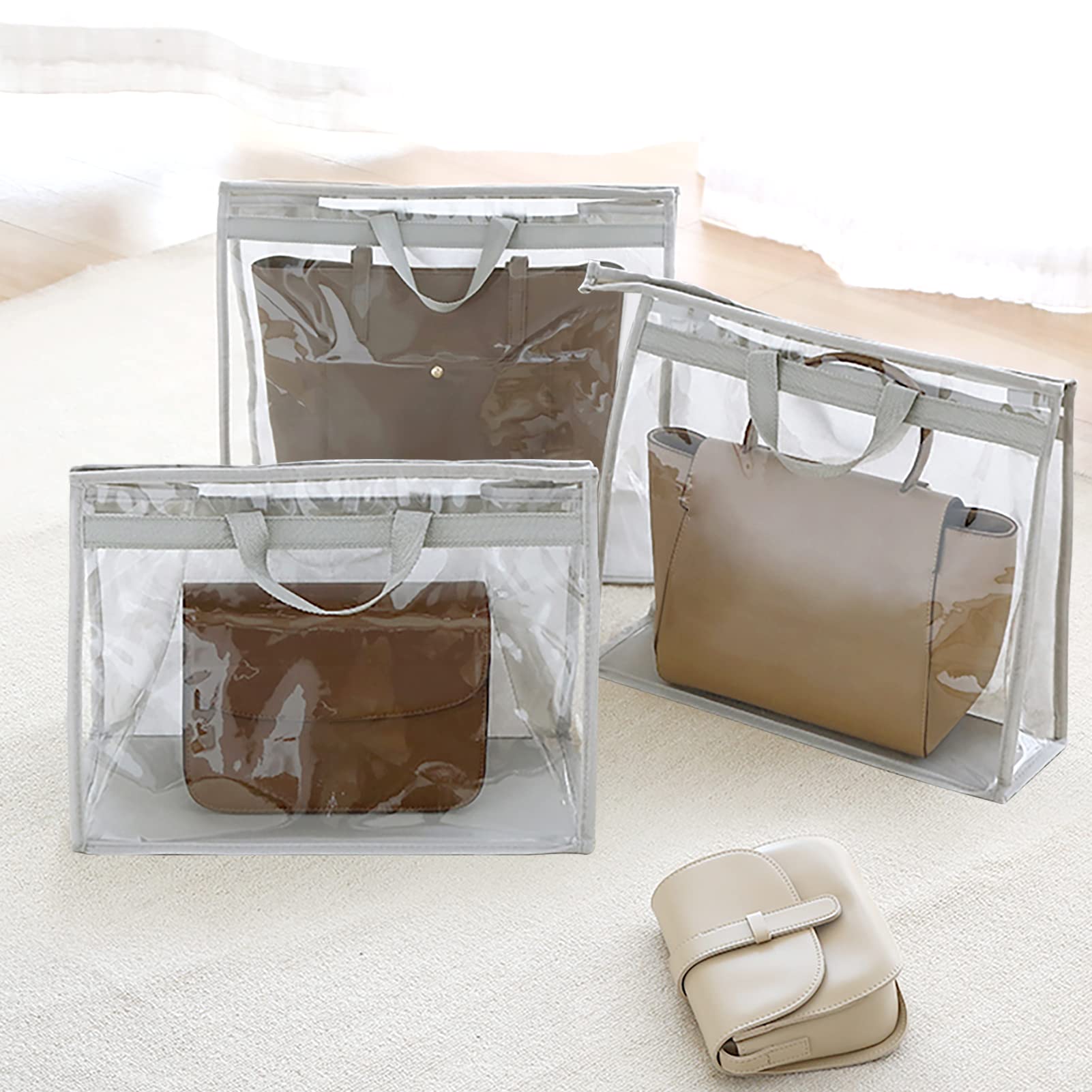 3 bolsas de polvo para bolso, protector transparente para organizador de almacenamiento de bolsos, bolsa de plástico PVC transparente con asa para uso diario y organización de armario, 20 x 38 x 44 cm
